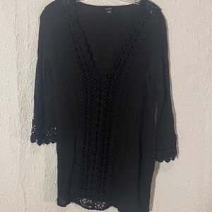 Raviya Black Sheer Crochet Lace Tunic Bo-Ho Style Layered Appeal Earthy Hippie